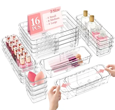 Schubladen-Organizer 16-teilig, verstellbar, transparent, 3 Größen