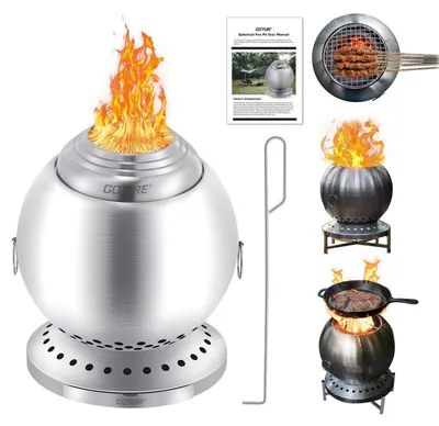 Immagine prodotto di Focolare da tavolo a forma di sfera, in acciaio inossidabile, senza fumo, con griglia per barbecue, dimensioni 18 cm di larghezza x 24 cm di altezza