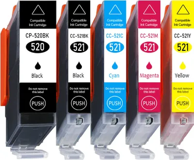 A group of five compatible ink cartridges for a printer, arranged side-by-side.
