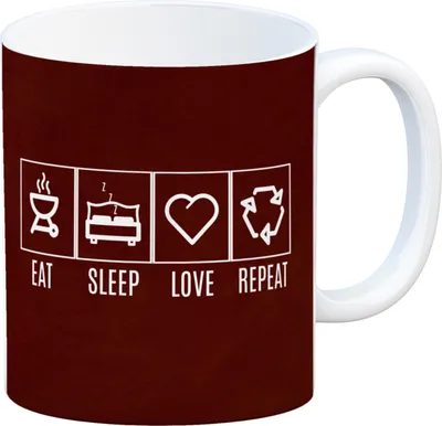 Produktbild von EAT, SLEEP, LOVE, REPEAT Kaffeebecher mit rotem Hintergrund