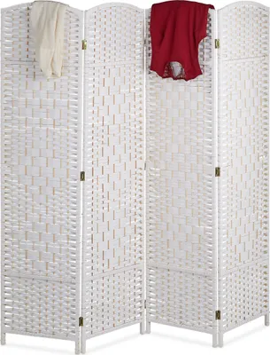 Image de Paravent Relaxdays, H x L : 170 x 160 cm, paravent pliable, paravent en 4 panneaux, bois et corde en papier, blanc