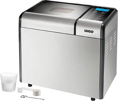 Der Unold Backmeister® Top Edition ist ein silberner Brotbackautomat mit Digitalanzeige und Bedienta