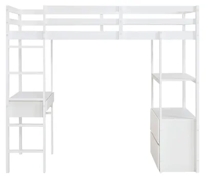 Produktbild von Hochbett 90 x 190 cm mit Schreibtisch und Stauraum – Kiefer und MDF – Weiß – KALIZI