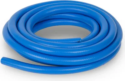 A coiled blue hose on a white background.