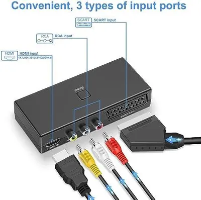 Produktbild von scart auf HDMI Konverter, AV auf HDMI Adapter 3 in 1 Ausgang, Unterstützung (RCA + SCART + HDMI Eingang) HDMI Ausgang Unterstützung 4K@30Hz 1080P