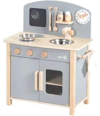 Produktbild von Kinderküche aus Holz – mit Kochfeld, Backofen, Spüle, Zubehör und Uhr – Grau/Natur