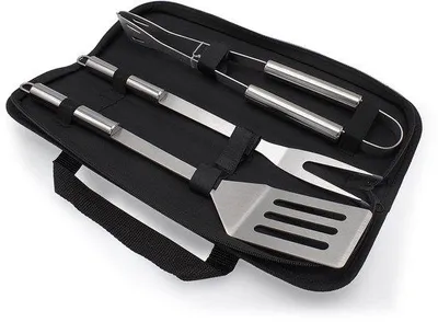 Produktbild von Unyqoos® 3‑teiliges Grillbesteck aus hochwertigem Edelstahl – hitzebeständig: Zange, Grillgabel & Spatel mit Tragetasche für Camping, Garten & Picknick