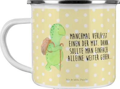 Produktbild von Mr. & Mrs. Panda Teetasse Schildkröte Wanderer - Gelb Pastell - Geschenk, Haferl, Teebecher, Rucksack, mutig, Motivationssprüche, Campingbecher, Emaille Tasse, Pott