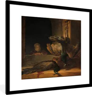 Produktbild von MuchoWow® MuchoWow® Gerahmtes Poster Stillleben mit Pfauen - Rembrandt van Rijn 40x40 cm - Poster mit zchwarzem Bilderrahmen - Poster - Plakat im Rahmen