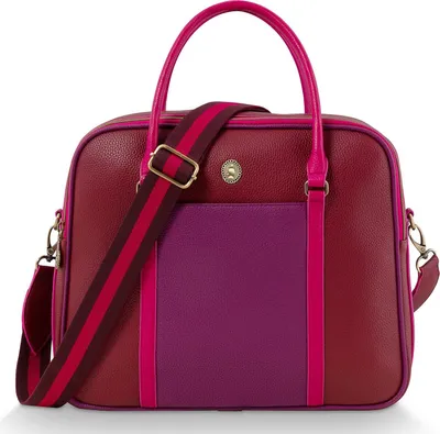 A red and purple handbag with a striped strap is shown against a white background.