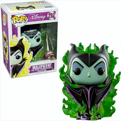 A Funko Pop! vinyl figure of Maleficent, shown both in its packaging and displayed outside of it.