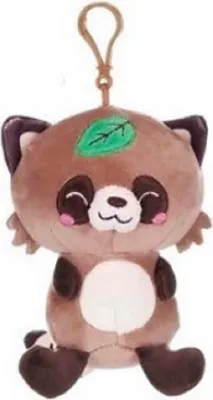A plush toy raccoon with a clip for attaching to a bag.