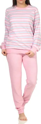 Produktbild von Damen Frottee Schlafanzug Pyjama mit Bündchen in Ringeloptik - auch in Übergrössen ; rosa , 36