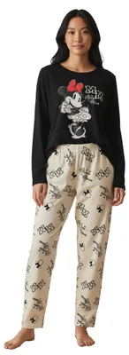 Produktbild von Disney Minnie Mouse Schlafanzug für Damen - MM Pyjama Set Langarm Oberteil mit Hose Schwarz/Grau L