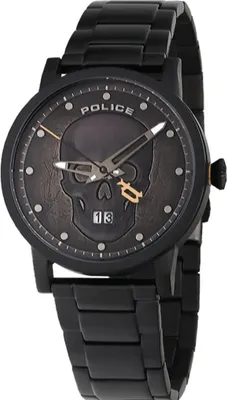 A black Police brand watch with a skull design on the face.