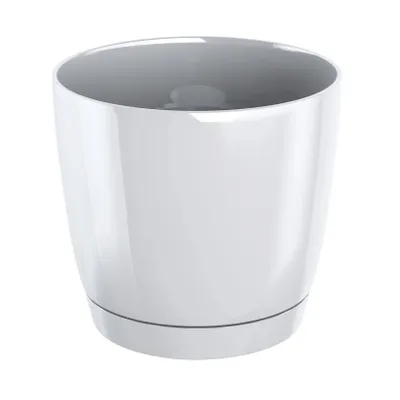 A white plastic plant pot with a saucer, shown from a front-side angle against a white background.
