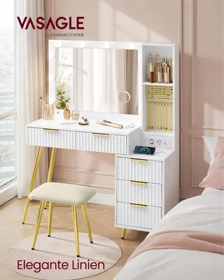 Produktbild von VASAGLE Schminktisch mit Hocker und Spiegel, Frisiertisch mit Schubladen, Kosmetiktisch, 10x Vergrößerungsspiegel, LED-Leuchten, Schmucktablett