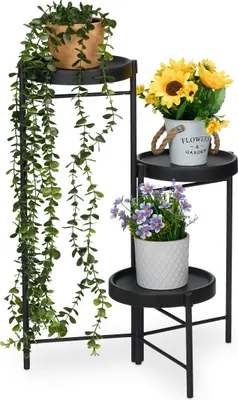 Produktbild von Relaxdays Blumenregal mit 3 runden Ablagen, für Blumen- & Pflanzentöpfe, Pflanzentreppe, HBT: 65 x 44 x 44 cm, schwarz