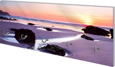 Produktbild von Wallario Flurgarderobe Wandgarderobe aus Glas, mit 5 Haken, Größe 80 x 30 cm, Motiv Sonnenuntergang am einsamen Strand