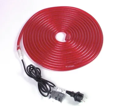 A red coiled cable with a power plug on a white background.