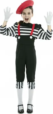 A young girl is posing in a mime costume.