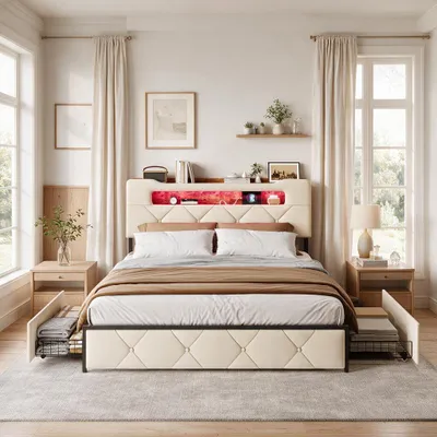Productafbeelding van INONEFT Gestoffeerd bed 140x200 cm met LED-verlichting en USB-aansluitingen, 4 lades, een-persoonsbed voor jongeren met opbergruimte in het hoofdeinde, fluweelstof, beige
