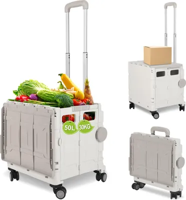 Image de Bettizia blanc Chariot de courses pliant léger, capacité de charge 55kg, hauteur réglable sur trois niveaux, roues amovibles & silencieuses, frein