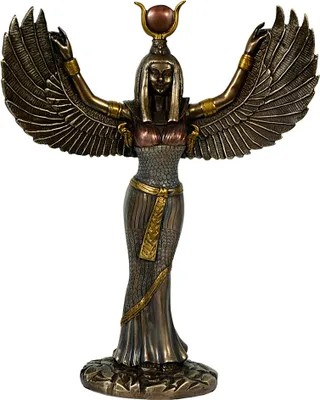 A bronze statue of the Egyptian goddess Isis with outstretched arms and wings.