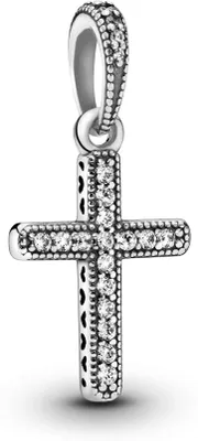 A close-up studio shot of a silver cross pendant with clear stones.