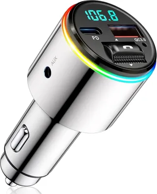 Produktbild von 48W Bluetooth Adapter Auto – PD 30W & QC3.0 18W, Ganzmetall AUX-Anschluss FM Transmitter, Bluetooth 5.3, KFZ Radio, Zwei 7-Farben Patchkabel-Adapter