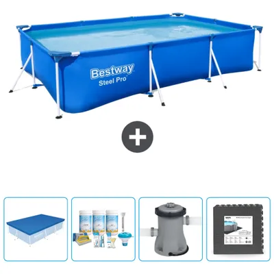 Obrázok produktu pre Obdĺžnikový bazén Bestway Steel Pro - 300 x 201 x 66 cm - modrý - vrátane krytu - balík na údržbu - čerpadlo - dlažba