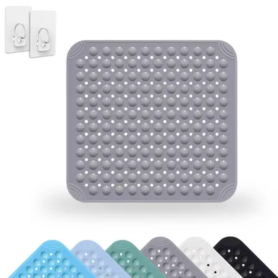 Image de Tapis de douche 48 x 48 cm, gris, en PVC, antidérapant, avec ventouses, trou de vidange, lavable en machine