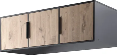 A wall-mounted cabinet with three doors, two of which are made of wood-effect material and one is gray.