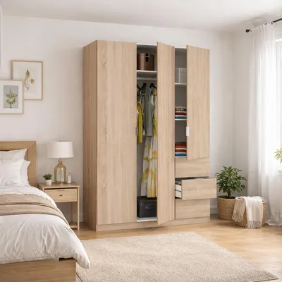 Produktbild von Garderobe Ddermak, Schlafzimmerschrank mit 3 Türen und 3 Schubladen, Schrank mit 3 Einlegeböden und Kleiderstange, 135x52h200 cm, Eiche