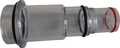 A clear glass filter component with black and red O-rings, isolated on a white background.