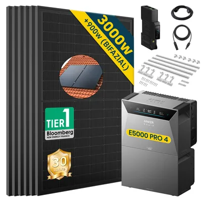 Produktbild von ALLDREI Balkonkraftwerke mit Speicher Anker Solix Solarbank 4 E5000 Pro & BP5000x1,Komplettset mit 6x500W Bifazialer Solarpanel & Smart Meter Gen 2