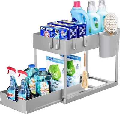 Produktbild von Famanu Aufbewahrungsregal für unter der Spüle, 2 Ebenen, mit ausziehbarer Schublade, multifunktionales Regal, Grau