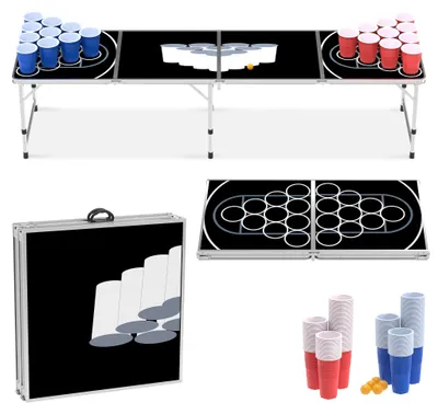Zdjęcie produktu dla NAIZY, kompletny zestaw do gry w Beer Pong, szybko składany i z regulowaną wysokością. Wodoodporny stół do gry, zawierający kubki i piłki, idealny do użytku w pomieszczeniach i na zewnątrz