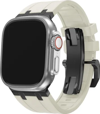 Produktbild von BALR. Flüssigsilikonarmband passend für Apple Watch 1/2/3/ 4/5/6/7/8/9/10/SE/Ultra in den Größen: 44mm / 45mm / 46mm / 49mm - Kautschukarmband mit Stahlstecker (beige/schwarz)