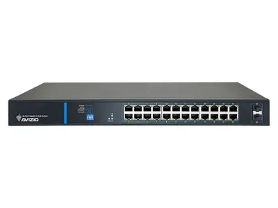 Imagen del producto de Switch AVIZIO de 24 puertos RJ45 con alimentación PoE y 1 Gb/s, más 2 puertos SFP de enlace ascendente de 1 Gb/s