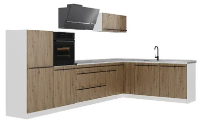 Image de Cuisine en angle Vicco R-Line Chêne Artisan/Blanc 347 x cm plan de travail Marbre, Model 67619