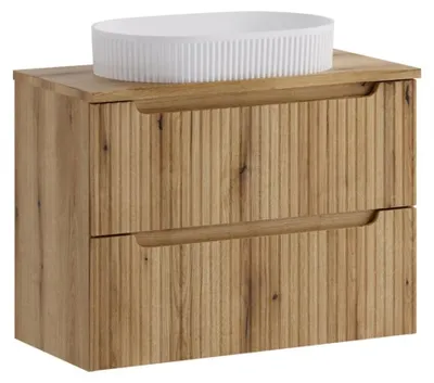 Productafbeelding van Ensemble VANO licht eiken 80cm: onderkast met laden + blad voor wastafel + geribbelde witte opzetwastafel