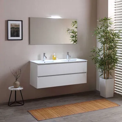 Immagine prodotto di Mobile bagno 120 cm con 2 cassetti bianco effetto legno  doppio lavabo luce a led | Berlin