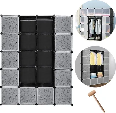 Produktbild von TolleTour DIY Kleiderschrank Regalsystem Schuhregal 20 Würfel Garderobe aus Kunststoff, 142x37x180cm Schwarz und weiß