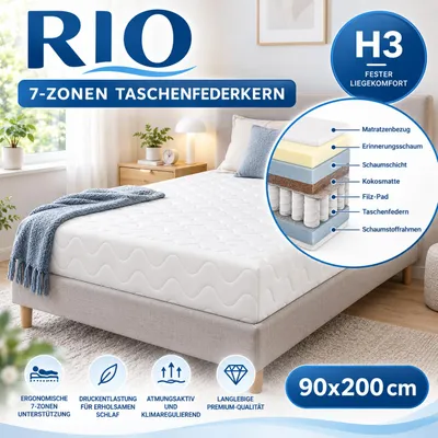 Produktbild von Taschenfederkern Premium Matratze RIO 90x200x21 cm, 7 Zonen, Härtegrad H3, mit Bezug