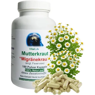 Produktbild von Mutterkraut 180 Pulver Kapseln - Migränekraut Feverfew nach Hildegard von Bingen NATUR Pur ohne Zusatzstoffe.