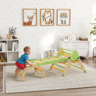 Produktbild von Sweiko 8-in-1 Montessori Klettergerüst Indoor Holz Kletterdreieck mit Kletterbogen, doppelseitiger Rutsche, Grün