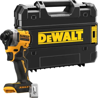 A DeWalt impact driver and its carrying case are shown against a white background.
