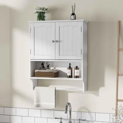 Produktbild von AIORBER Badezimmerschrank weiß 57x19x70cm Hängeschrank mit Handtuchhalter und 2 verstellbaren Regalen Wandschrank Bad Aufbewahrung – Weiß