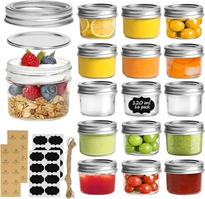 Productafbeelding van PromoHome® Inmaakpotjes van 120 ml met deksel, 16 stuks - Mini inmaakpotjes voor jam, yoghurt, desserts, gepersonaliseerde cadeaus
